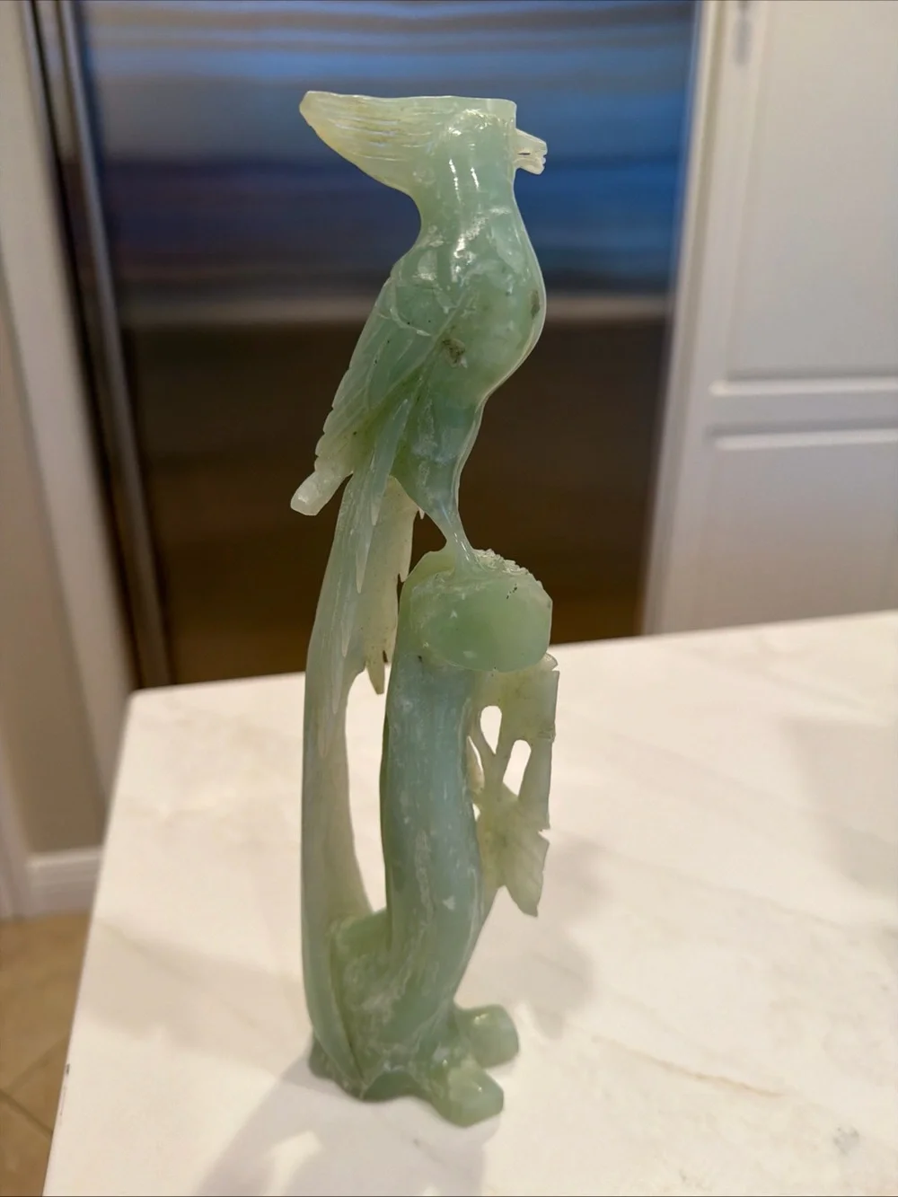 Celadon Jadite Bird of Paradise (Feng Huang) Handcarved in Original Box Vintage